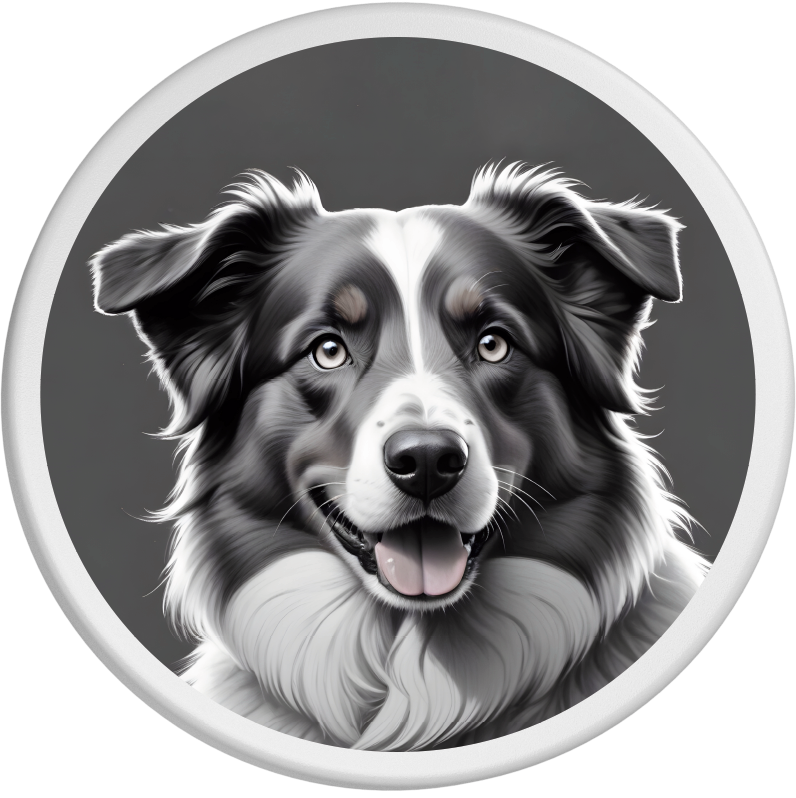 Schwarzweißporträt eines Australian Shepherd mit aufmerksamem, freundlichem Gesichtsausdruck.