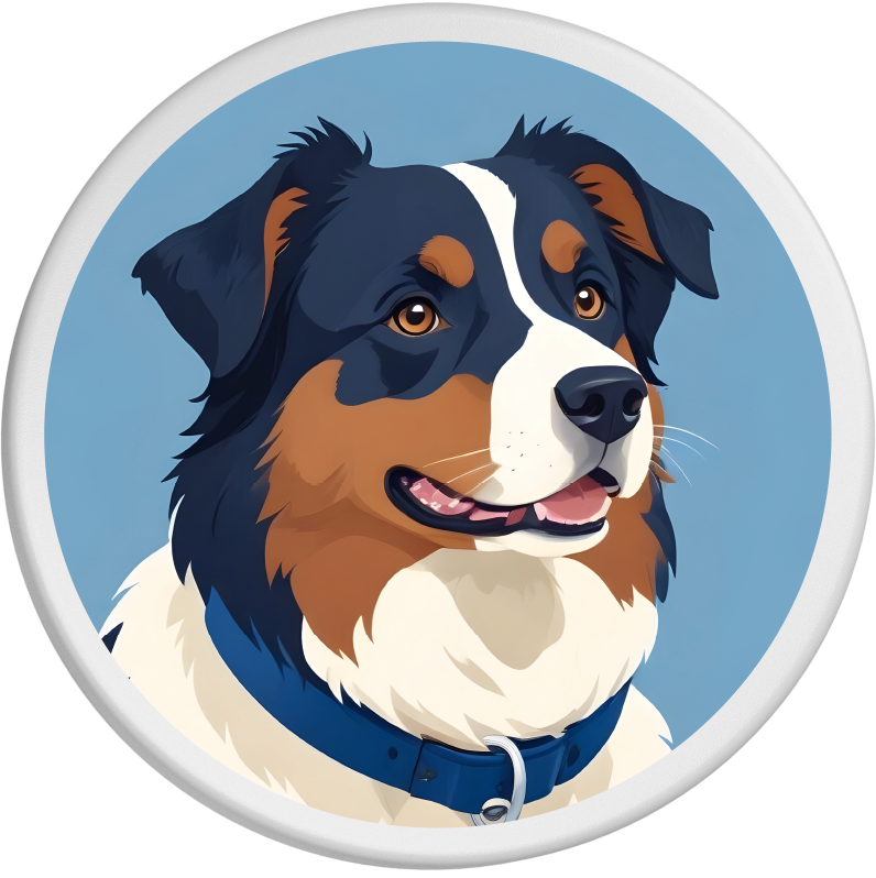 Fröhliches Portrait eines Australian Shepherd mit dreifarbigem Fell in schwarz, weiß und braun. Der Hund trägt ein blaues Halsband und schaut aufmerksam zur Seite.