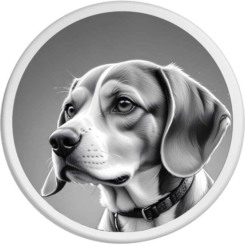 Detailreiches Porträt eines Beagles in Schwarz-Weiß mit aufmerksamem Blick und leicht geneigtem Kopf. Der graue Hintergrund unterstreicht die sanfte und nachdenkliche Ausstrahlung des Hundes.