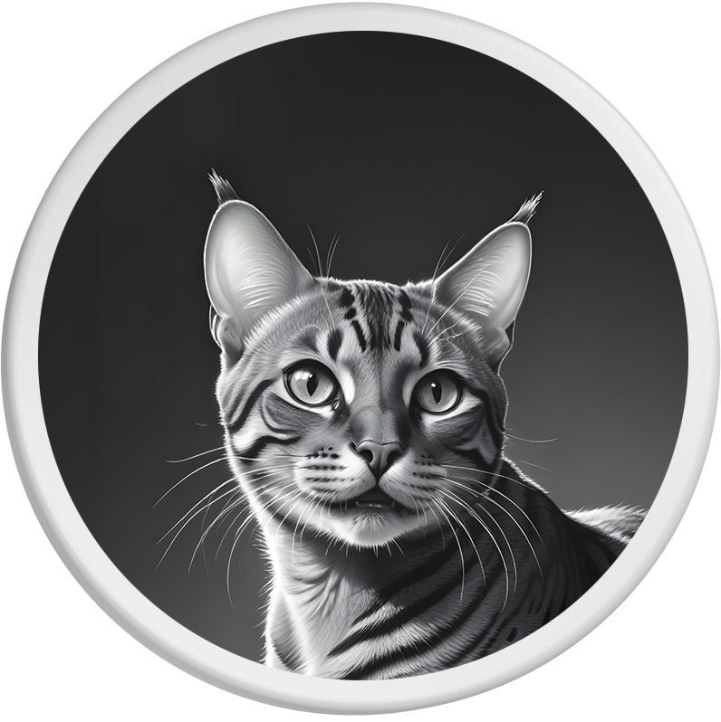 Schwarzweiß-Illustration einer Bengalkatze mit markanten Streifen und großen, aufmerksamen Augen, die direkt in die Kamera blickt.
