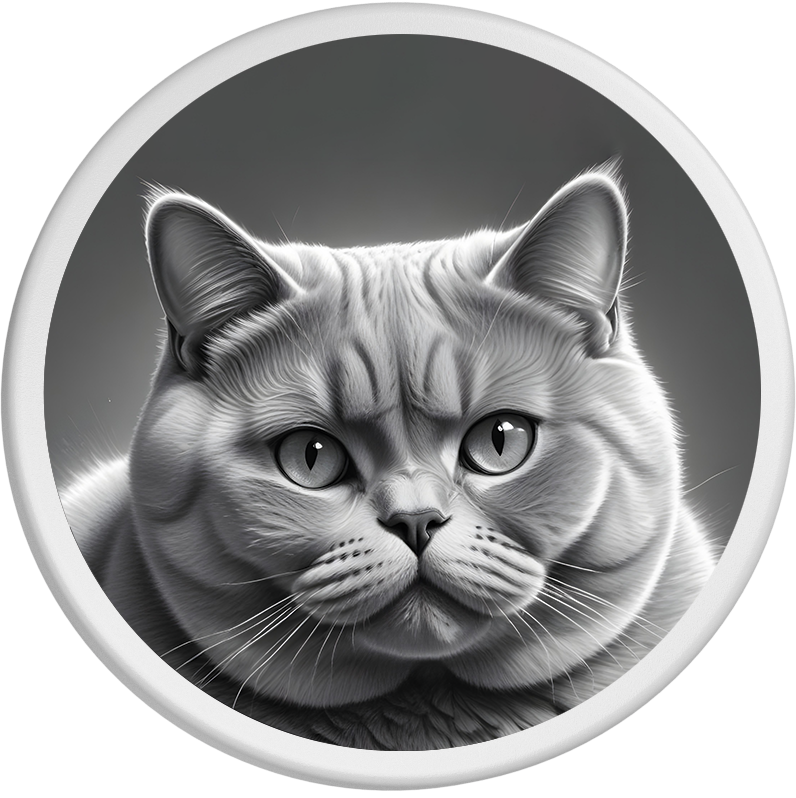 Schwarzweißfoto einer Britisch Kurzhaarkatze mit rundem Gesicht und großen, ausdrucksvollen Augen. Die Katze hat ein dichtes, weiches Fell mit vielen Details und einen Blick direkt in die Kamera.