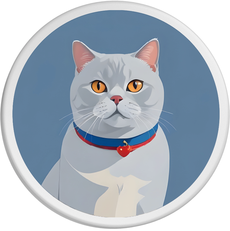 Darstellung einer Britisch Kurzhaarkatze mit weißem Fell und markanten gelben Augen, die einen ruhigen und aufmerksamen Ausdruck zeigen. Als Kontrast zu ihrem hellen Fell trägt die Katze ein blaues Halsband mit einem kleinen roten Anhänger.