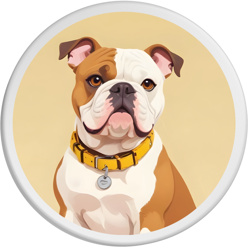 Das Porträt zeigt eine charmante Bulldogge mit weiß-braunem Fell. Sie trägt ein gelbes Halsband. Vor einem warmen, beigen Hintergrund schaut der Hund aufmerksam und ruhig in die Kamera. Der Ausdruck der Bulldogge strahlt Ruhe und Freundlichkeit aus, unterstützt durch das schlichte und elegante Design.