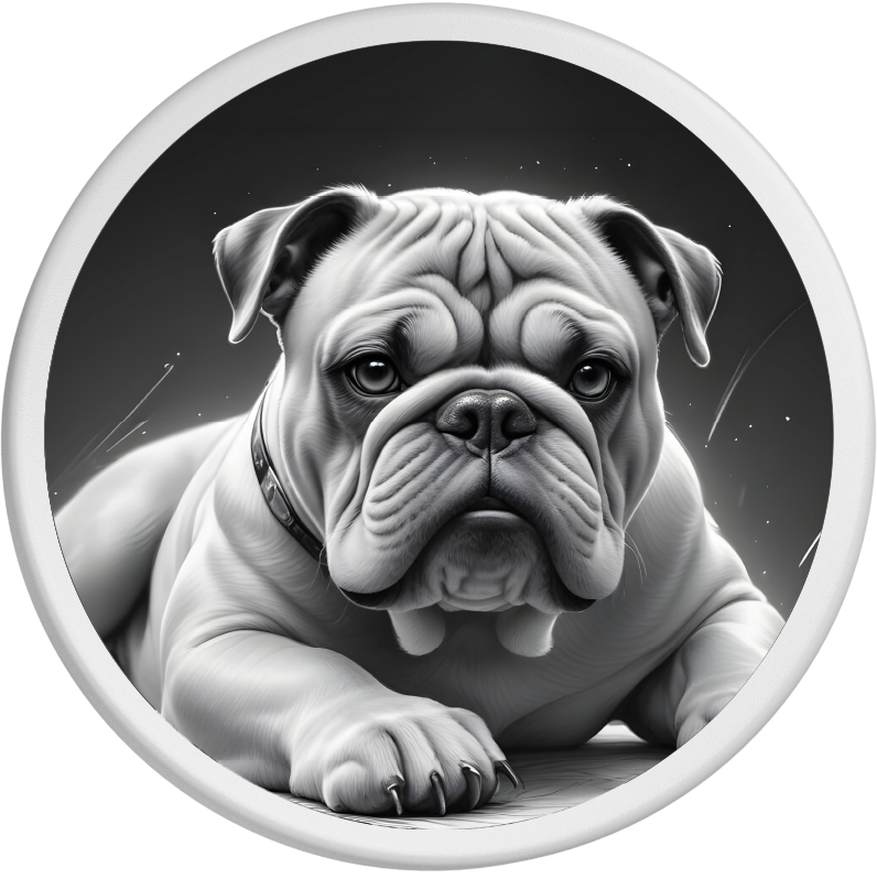 Ausdrucksstarkes Schwarzweißfoto einer Bulldogge, die ruhig auf dem Boden liegt.