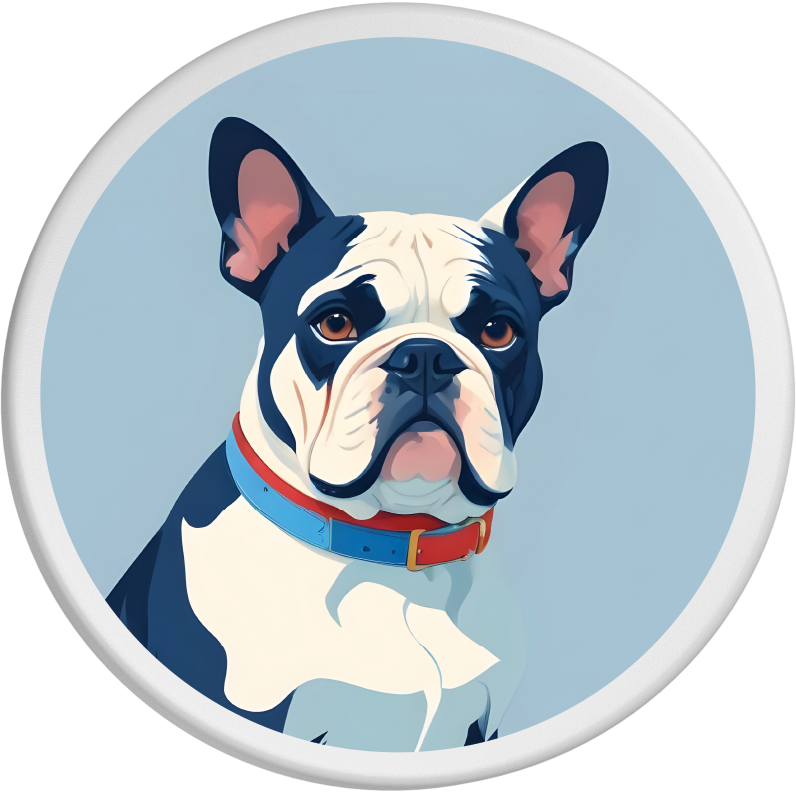 Eine Französische Bulldogge mit schwarz-weißem Fell ist mit einem blauen Halsband mit rotem Verschluss abgebildet. Der Hund schaut ruhig und aufmerksam in die Kamera. Der blaue Hintergrund unterstreicht den markanten und charmanten Ausdruck der Bulldogge.