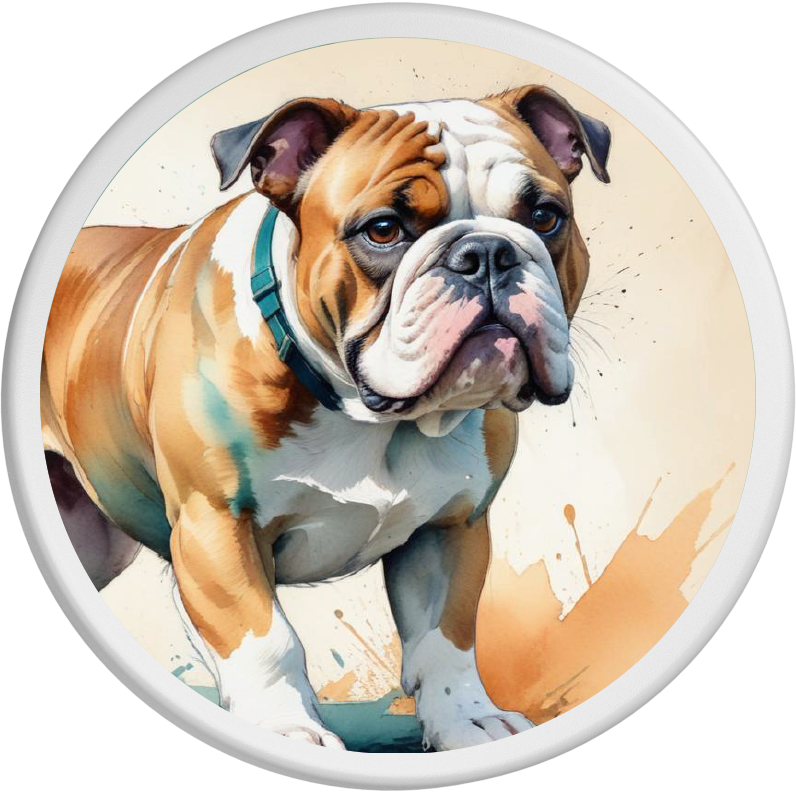 Porträt einer glücklichen Bulldogge mit dreifarbigem Fell (schwarz, weiß und braun) und leuchtend goldenen Augen, die fröhlich hechelnd in die Kamera schaut. Der Hintergrund ist in weichen, verschwommenen Farben gehalten, die das freundliche und lebhafte Wesen des Hundes unterstreichen.