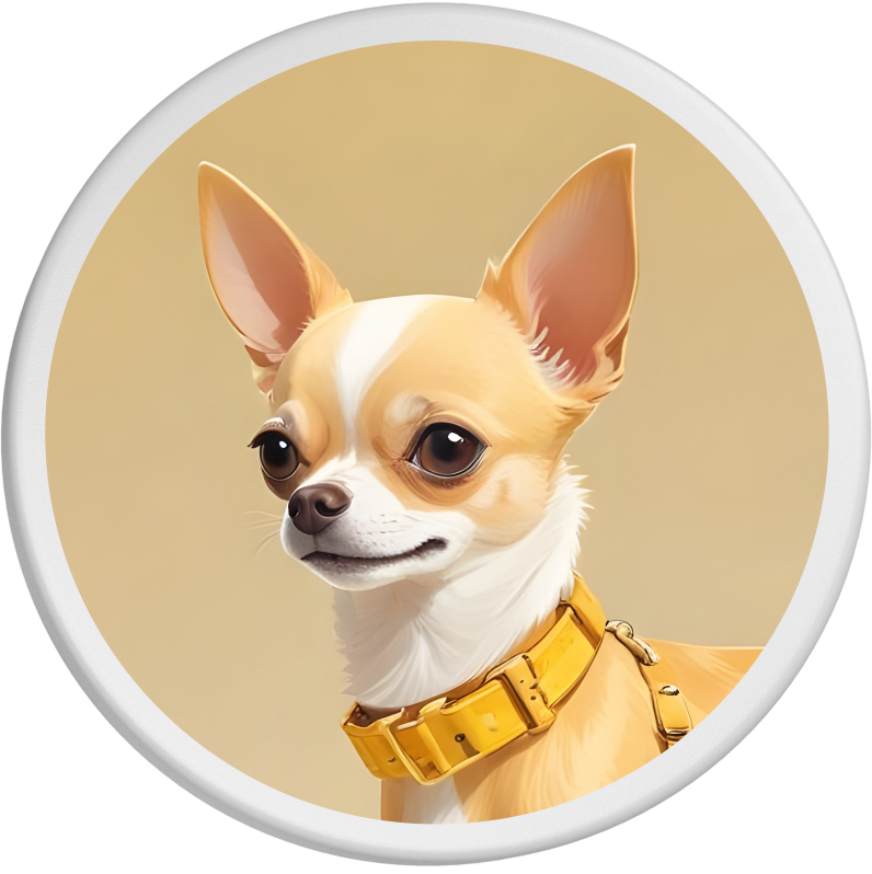 Ein eleganter Chihuahua mit cremefarbenem Fell und großen, aufmerksamen Ohren ist hier porträtiert. Er trägt ein gelbes Halsband und schaut neugierig zur Seite. Der Hintergrund ist in einem sanften Beigeton gehalten, der die zierliche Statur und den wachen Gesichtsausdruck des Chihuahuas betont.