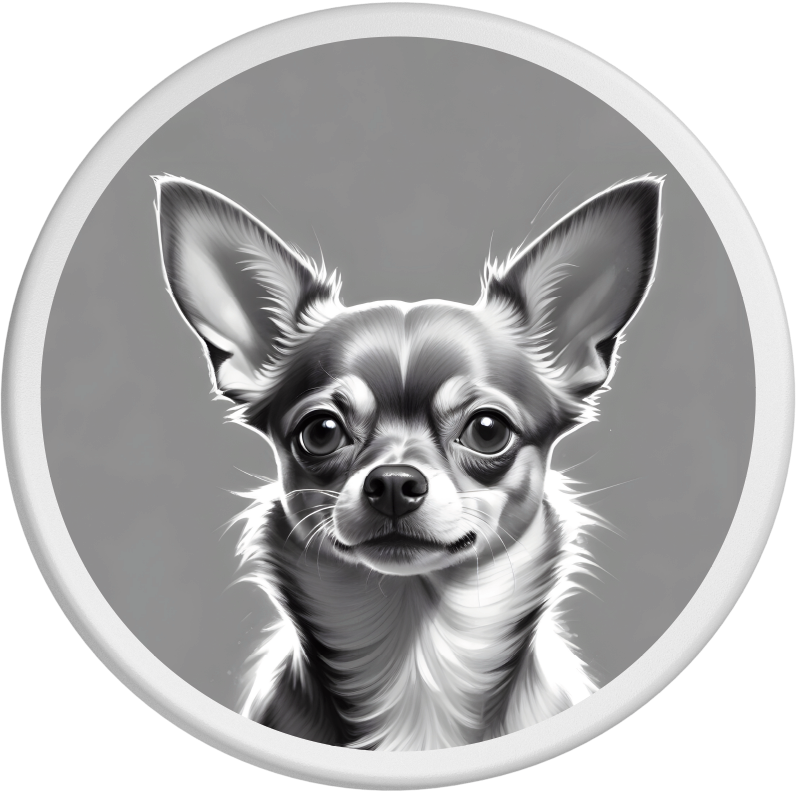 Schwarz-weißes Porträt eines Chihuahuas mit aufmerksamen Augen und großen, aufgestellten Ohren. Der graue Hintergrund betont die feinen Details des Fells und die wachsame, aber sanfte Ausstrahlung des kleinen Hundes.