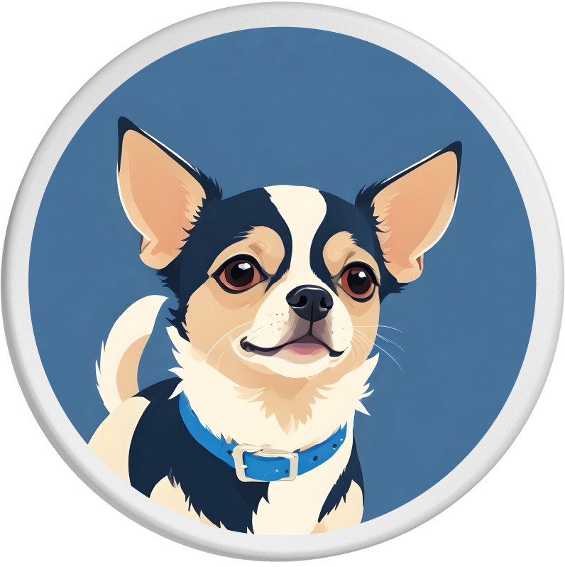 Ein Chihuahua mit schwarz-weißem Fell und blauem Halsband wird porträtiert. Der Hund schaut aufmerksam in die Kamera, während der blaue Hintergrund seine lebhafte und charmante Aura unterstreicht.