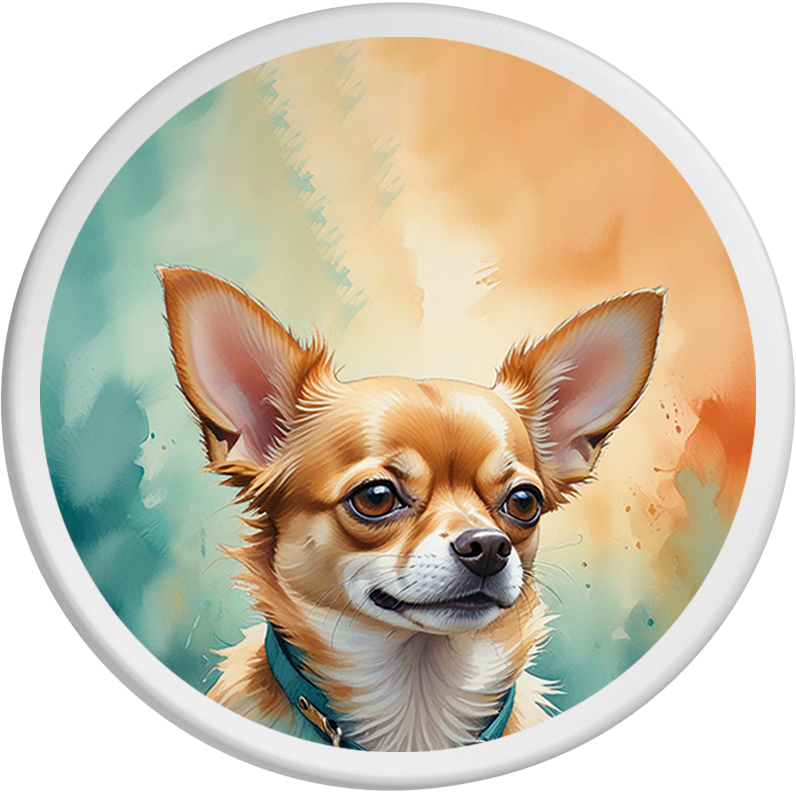 Detailreiches Portrait eines lächelnden Chihuahua mit dreifarbigem Fell in schwarz, weiß und braun, der lebhaft in die Kamera blickt. Der Hintergrund ist in sanften Aquarelltönen gehalten und unterstreicht die freundliche Ausstrahlung des Hundes.