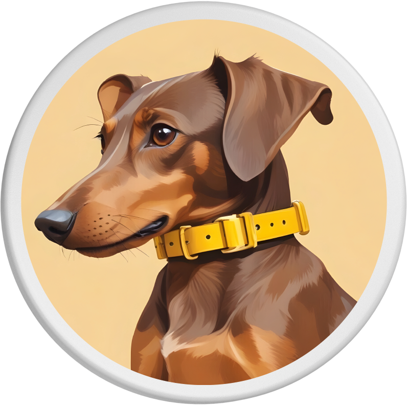 Porträt eines schicken Dackels mit glänzend braunem Fell und gelbem Halsband. Der Hund blickt aufmerksam zur Seite, während der beigefarbene Hintergrund die schlanke, charakteristische Statur des Dackels hervorhebt. Der Ausdruck des Dackels vermittelt Intelligenz und Neugier.