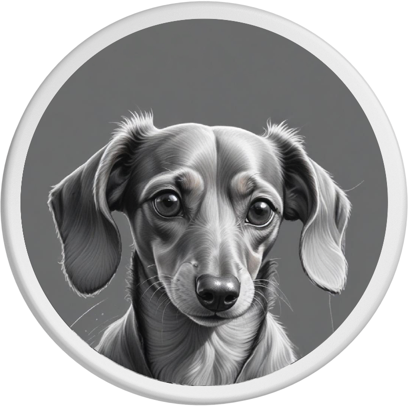 Schwarz-weißes Porträt eines Dackels mit sanftem, treuem Blick und langen, hängenden Ohren.