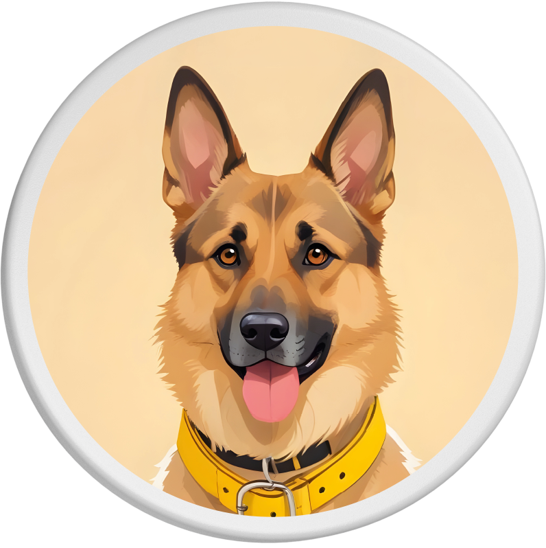 Ein fröhlicher Deutscher Schäferhund mit schwarzbraunem Fell und gelbem Halsband ist freundlich in die Kamera geblickt. Der beigefarbene Hintergrund unterstreicht den wachsamen und treuen Ausdruck des Hundes.