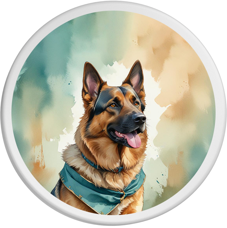Lebendiges Portrait eines Deutscher Schäferhund mit dreifarbigem Fell (schwarz, braun und weiß), der freundlich in die Kamera schaut. Der Hund hat strahlende Augen und ein fröhliches Gesicht, der Hintergrund ist in sanften, fließenden Farben gehalten, die das fröhliche Gemüt des Tieres unterstreichen.