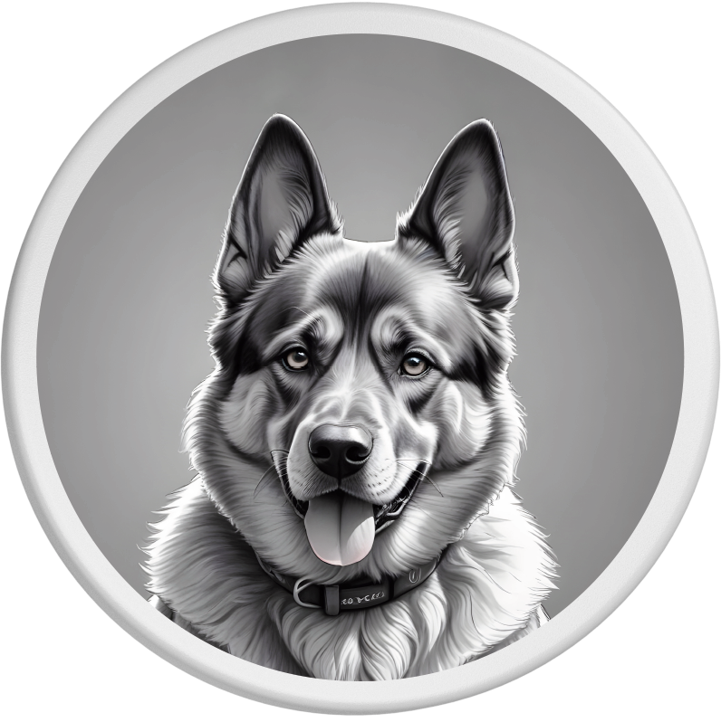 Ausdrucksstarkes Schwarz-Weiß-Portrait eines Deutschen Schäferhundes mit aufmerksamen Augen und freundlich herausgestreckter Zunge.