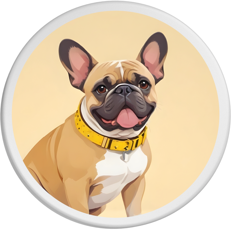 Ein fröhliches Portrait einer Französischen Bulldogge mit einem beigen Fell und einem gelben Halsband. Der Hund sitzt aufmerksam und lächelt mit herausgestreckter Zunge, während der beigefarbene Hintergrund seinen freundlichen und charmanten Ausdruck unterstreicht.