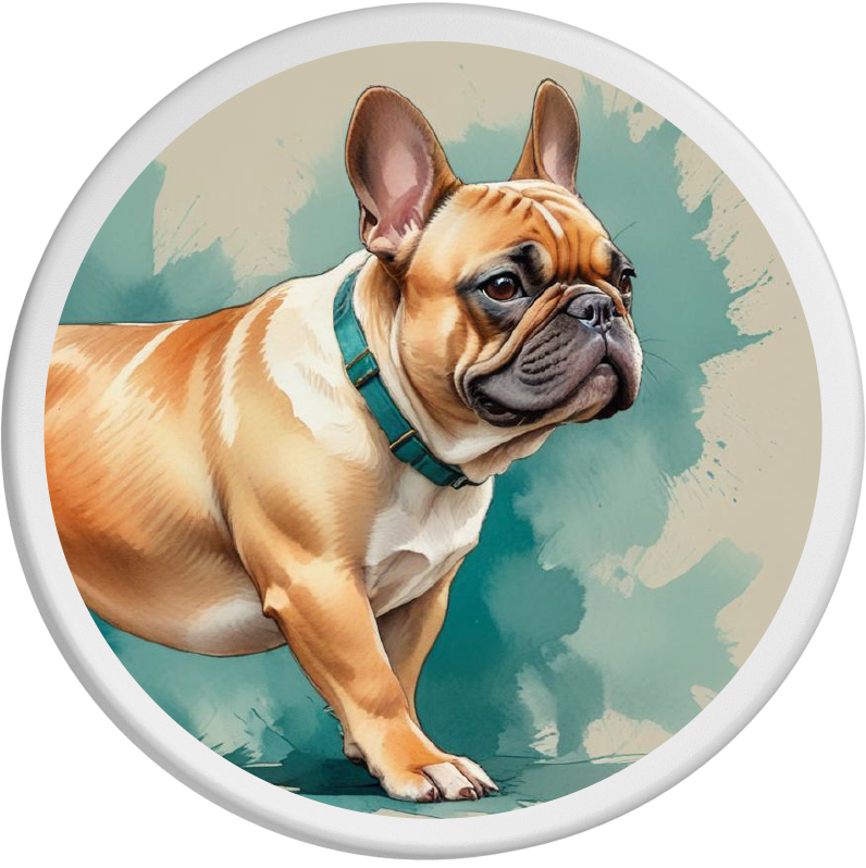 Lebendiges Portrait einer Franzoesischen Bulldogge mit dreifarbigem Fell (schwarz, braun und weiß), der freundlich in die Kamera schaut. Der Hund hat strahlende Augen und ein fröhliches Gesicht, der Hintergrund ist in sanften, fließenden Farben gehalten, die das fröhliche Wesen des Tieres unterstreichen.