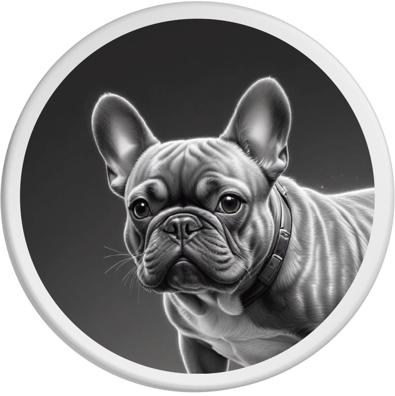 Schwarz-Weiß-Porträt einer Französischen Bulldogge mit großen Stehohren und markanten Gesichtsfalten.