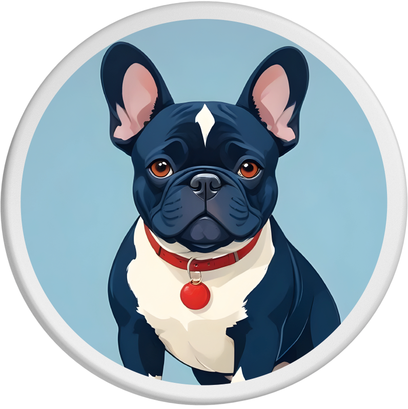 Charmante Französische Bulldogge mit wachsamen Augen, schwarzem Fell und weißer Brust, die ein rotes Halsband mit Anhänger trägt - vor einem blauen Hintergrund, der ihre charmante Persönlichkeit unterstreicht.