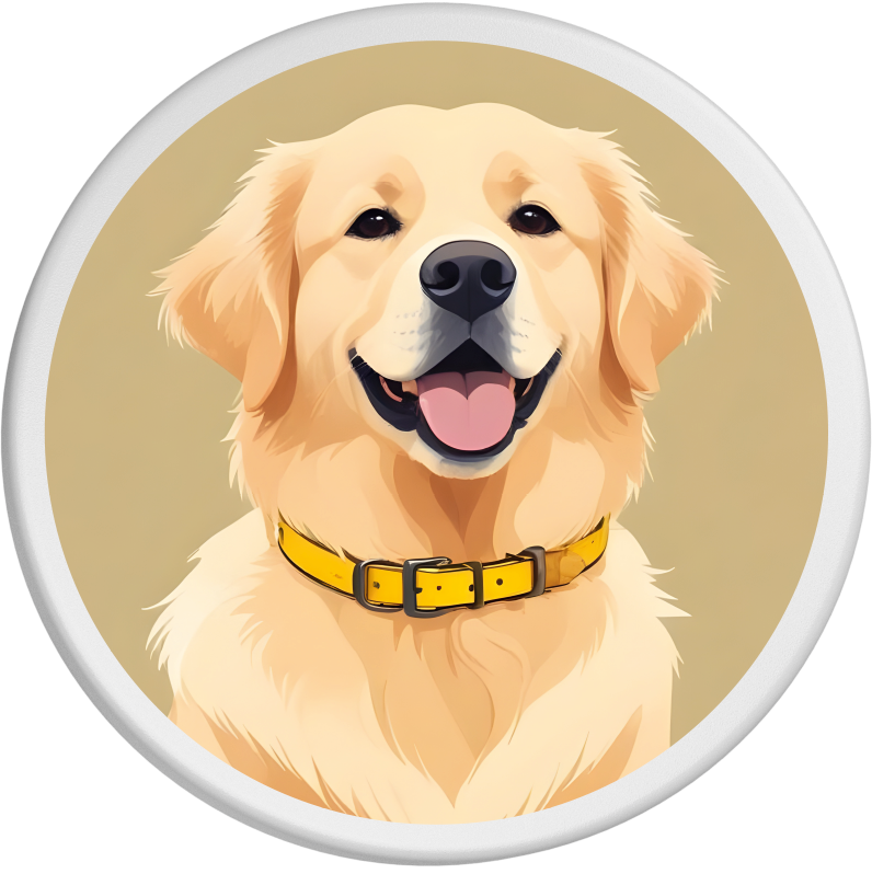 Liebenswertes Portrait eines Golden Retrievers mit weichem, goldenem Fell und gelbem Halsband. Der Hund lächelt mit herausgestreckter Zunge, der beigefarbene Hintergrund unterstreicht seine freundliche Ausstrahlung.