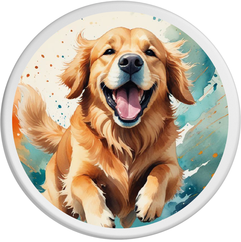 Porträt eines freundlichen Golden Retrievers mit weichem, goldenem Fell und einem warmen, lächelnden Gesichtsausdruck. Der Hund schaut aufmerksam in die Fotokamera, während der Hintergrund in sanften, harmonischen Farben gehalten ist, die das sanfte und liebevolle Wesen des Retrievers unterstreichen.