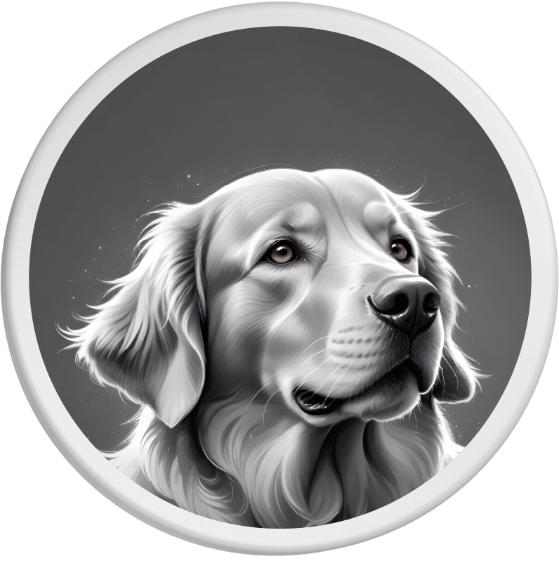 Schwarz-Weiß-Portrait eines Golden Retrievers mit weichem Fell und ruhigem, nachdenklichem Blick. Der graue Hintergrund hebt die eleganten Details des Fells hervor und verstärkt die treue und ruhige Ausstrahlung des Hundes.