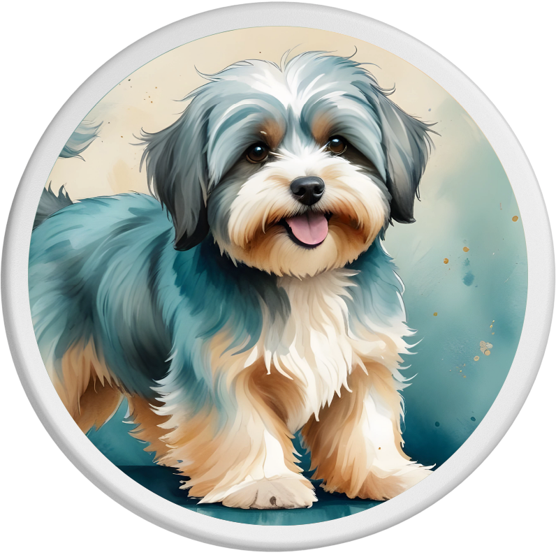 Porträt eines freundlichen Havanesers mit weichem, goldblauem Fell und einem warmen, lächelnden Gesichtsausdruck. Der Hund schaut aufmerksam in die Kamera, während der Hintergrund in sanften, harmonischen Farben gehalten ist, die das liebevolle Wesen des Hundes unterstreichen.