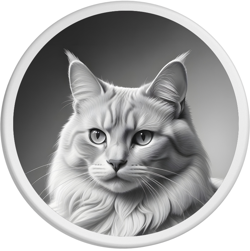 Schwarzweiß-Illustration einer heiligen Birmakatze mit langem, flauschigem Fell und großen, runden Augen. Die Ohren sind aufgerichtet und die Katze hat einen ruhigen und aufmerksamen Blick in die Kamera.
