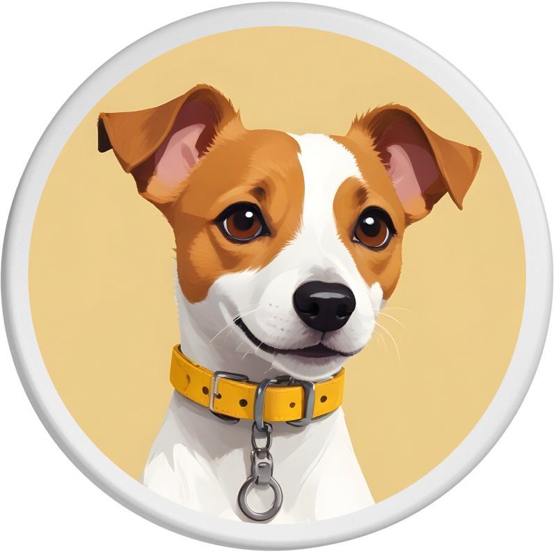 Das Bild zeigt einen aufmerksamen Jack Russell Terrier. Er hat ein weiß-braunes Fell und ein gelbes Halsband. Der Hund schaut freundlich in die Kamera, während der beige Hintergrund seinen lebhaften und aufgeweckten Gesichtsausdruck unterstreicht.