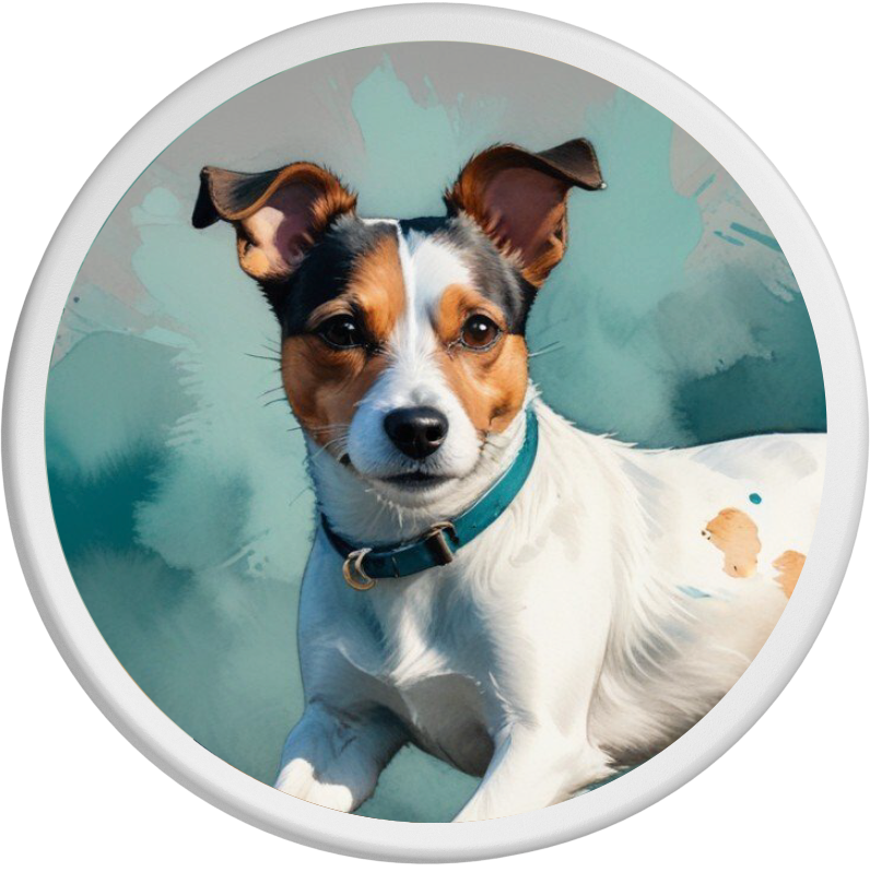 Porträt eines lebhaften Jack Russell Terriers mit kurzem, weiß-braunem Fell und aufmerksamen, wachen Augen. Der Terrier blickt voller Energie in die Kamera, während der Hintergrund in weichen, dezenten Farben gehalten ist, die den dynamischen und verspielten Charakter des Hundes unterstreichen.