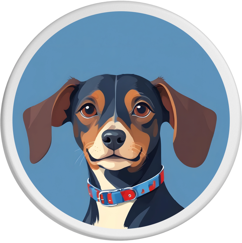 Porträt eines aufmerksamen Jack Russell Terriers mit blau-braunem Fell und blau-rotem Halsband. Der Hund blickt neugierig in die Kamera, während der blaue Hintergrund den lebendigen und intelligenten Ausdruck betont.