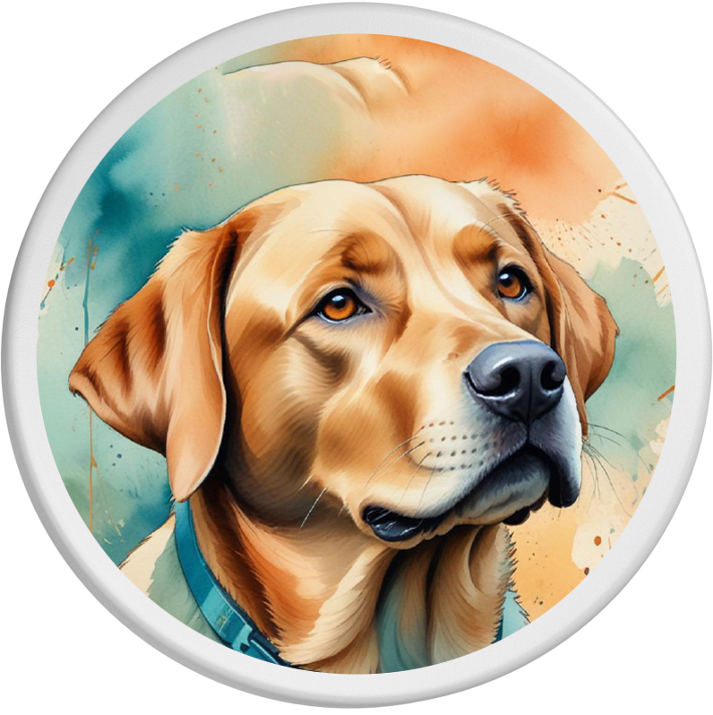 Porträt eines ruhigen Labrador Retrievers mit goldglänzendem Fell und sanftem, aufmerksamem Blick. Der Hund trägt ein blaues Halsband und blickt vertrauensvoll in die Ferne. Der Hintergrund ist in aquarellartigen Tönen gehalten und unterstreicht den freundlichen und treuen Charakter des Labradors.