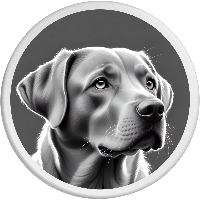 Ein Labrador Retriever mit sanften, treuen Augen ist ausdrucksstark in Schwarz-Weiß porträtiert. Durch den kontrastreichen Hintergrund werden die weichen Details des Fells und die ruhige Ausstrahlung des Hundes besonders gut zur Geltung gebracht.
