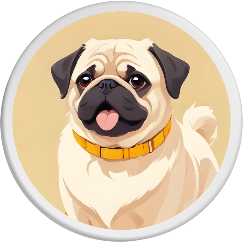 Liebenswertes Portrait eines Mopses mit hellem Fell und schwarzer Schnauze, der fröhlich die Zunge herausstreckt. Das gelbe Halsband und der beige Hintergrund unterstreichen seinen verspielten und liebenswerten Charakter.