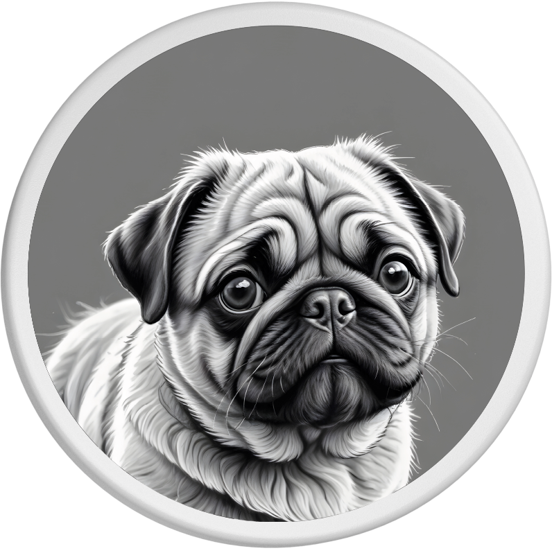 Charismatisches Schwarz-Weiß-Porträt eines Mopses mit großen, ausdrucksstarken Augen und faltenreichem Gesicht.