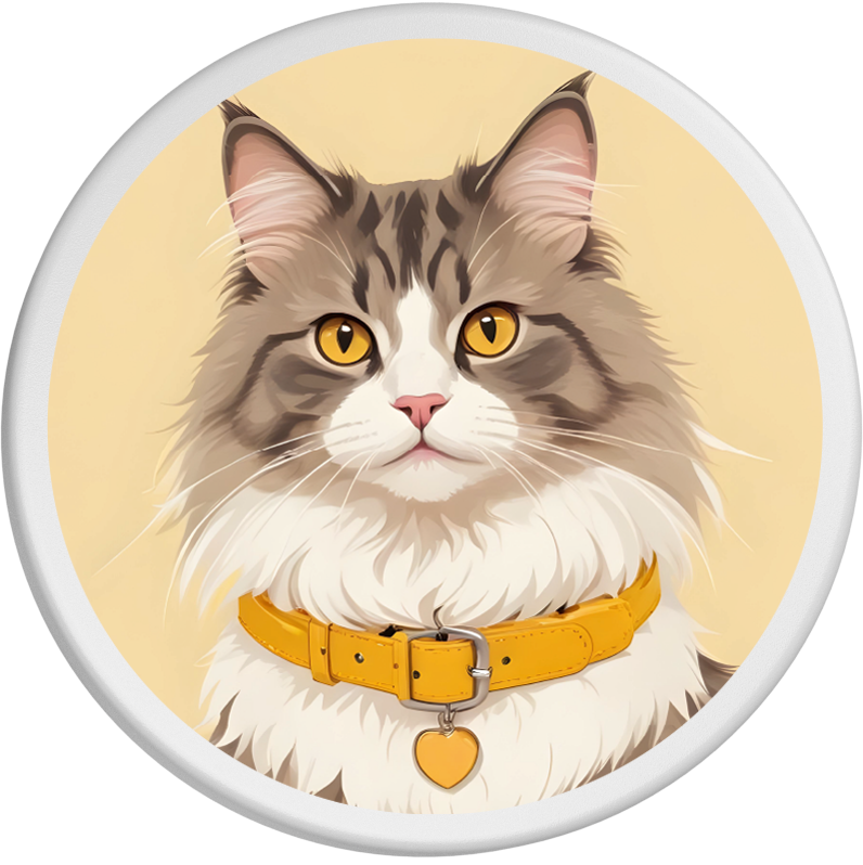 Abbild einer majestätischen Norwegischen Waldkatze mit einem dichten, flauschigen Fell in warmen Brauntönen und goldenen Augen. Die Katze trägt ein auffälliges, gelbes Halsband mit einem herzförmigen Anhänger, das ihren eleganten Look unterstreicht. Der beige Hintergrund harmoniert mit den natürlichen Farben der Katze und betont ihre beeindruckende Erscheinung. Die detaillierten Fellstrukturen und die leuchtenden Augen verleihen dem Bild eine lebendige und ansprechende Ausstrahlung.