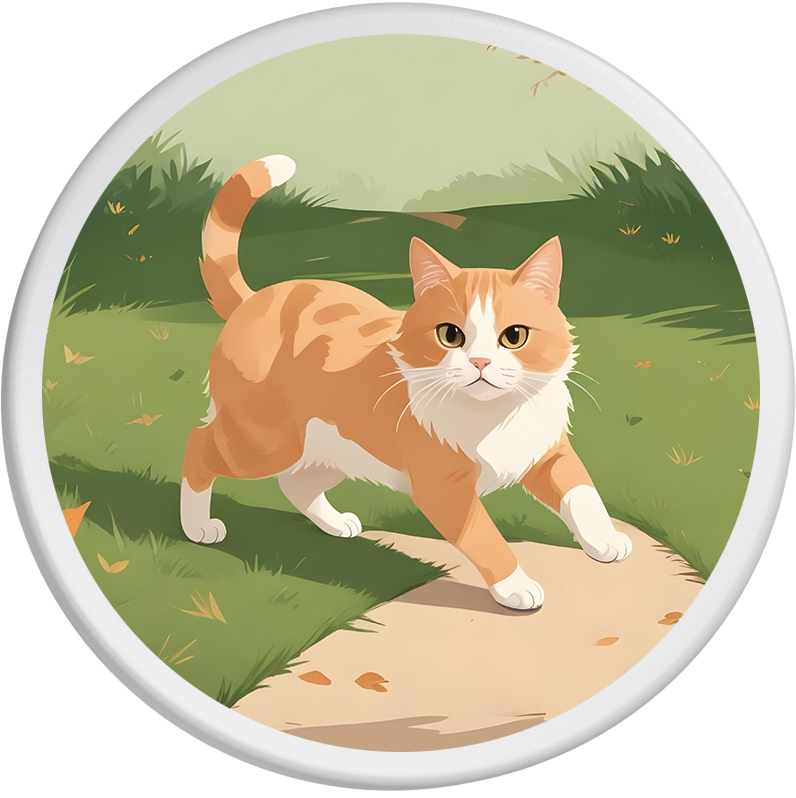 Darstellung einer orange-weißen Katze, die selbstbewusst auf einem Bürgersteig läuft. Die Katze hat ein leuchtend orangefarbenes Fell. Vor allem Gesicht, Brust und Pfoten sind weiß gefleckt.
Eine grüne Wiese mit vereinzelten Blättern schafft eine ruhige Herbstatmosphäre.