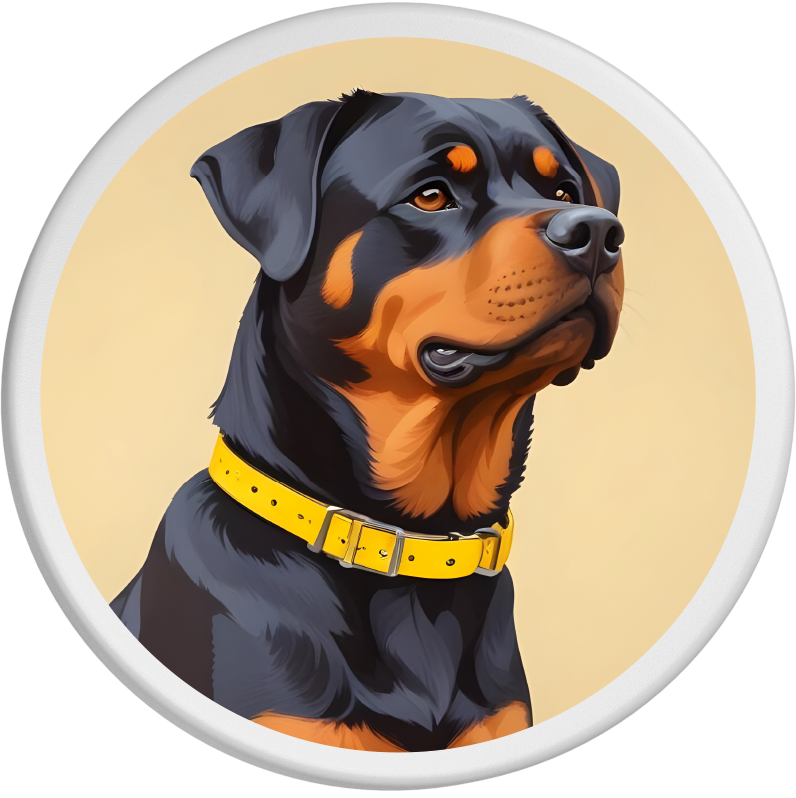 Stolzes Porträt eines Rottweilers mit glänzendem schwarzbraunem Fell, der aufmerksam in die Ferne blickt. Das gelbe Halsband hebt sich kontrastreich vom beigen Hintergrund ab und betont den starken und eleganten Ausdruck des Hundes.