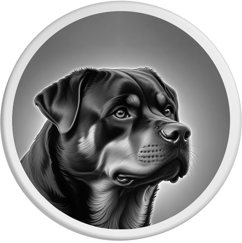 Ausdrucksstarkes Schwarz-Weiß-Portrait eines Rottweilers, das die Kraft und Eleganz dieser kraftvollen Rasse perfekt in Szene setzt.