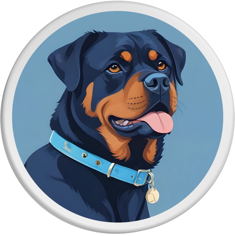 Es handelt sich um das Porträt eines stolzen Rottweilers mit glänzend blau-braunem Fell, der ein hellblaues Halsband trägt. Der Hund schaut aufmerksam und freundlich.