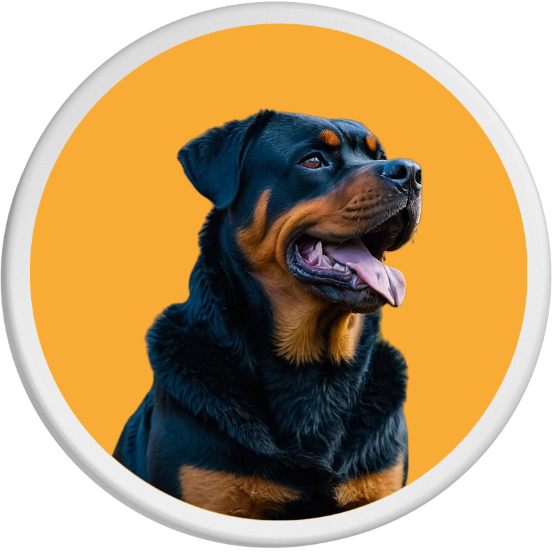 Auf orangefarbenem Hintergrund ein Rottweiler mit heraushängender Zunge, der zur Seite schaut.