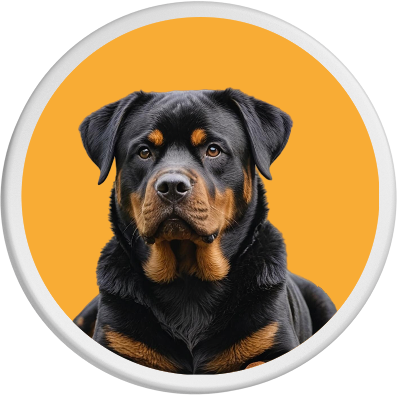 Ein Rottweiler, der direkt in die Kamera blickt, vor einem orangefarbenen Hintergrund.