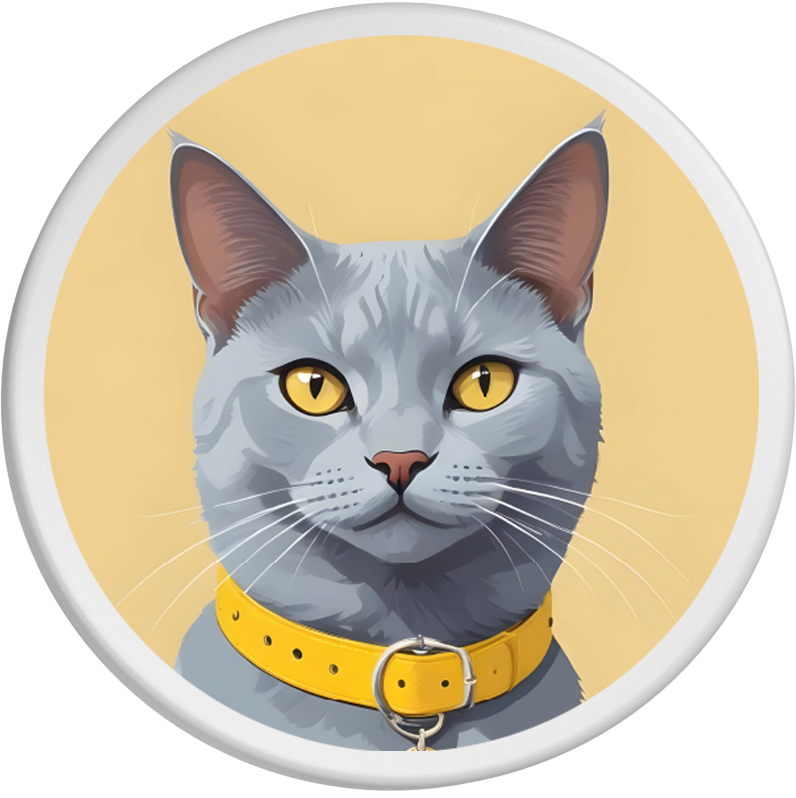 Darstellung einer eleganten Russisch Blau Katze mit dichtem, blaugrauem Fell und leuchtend gelben Augen. Die Katze trägt ein auffälliges gelbes Halsband, das ihre edle Erscheinung unterstreicht. Der beige Hintergrund hebt die kühlen Töne des Fells hervor und lässt die warmen Farben der Augen besonders leuchten.