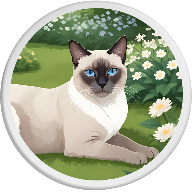 Das Bild einer edlen Siamkatze mit tiefblauen Augen liegt auf einer grünen Wiese, umgeben von strahlend weißen Gänseblümchen. Zu den dunkleren Partien an Gesicht, Ohren und Pfoten bildet das helle, cremefarbene Fell einen sanften Kontrast. Der Blick der Katze ist aufmerksam und ruhig. Die satte Vegetation und die zarten Blumen schaffen eine friedliche und harmonische Atmosphäre.