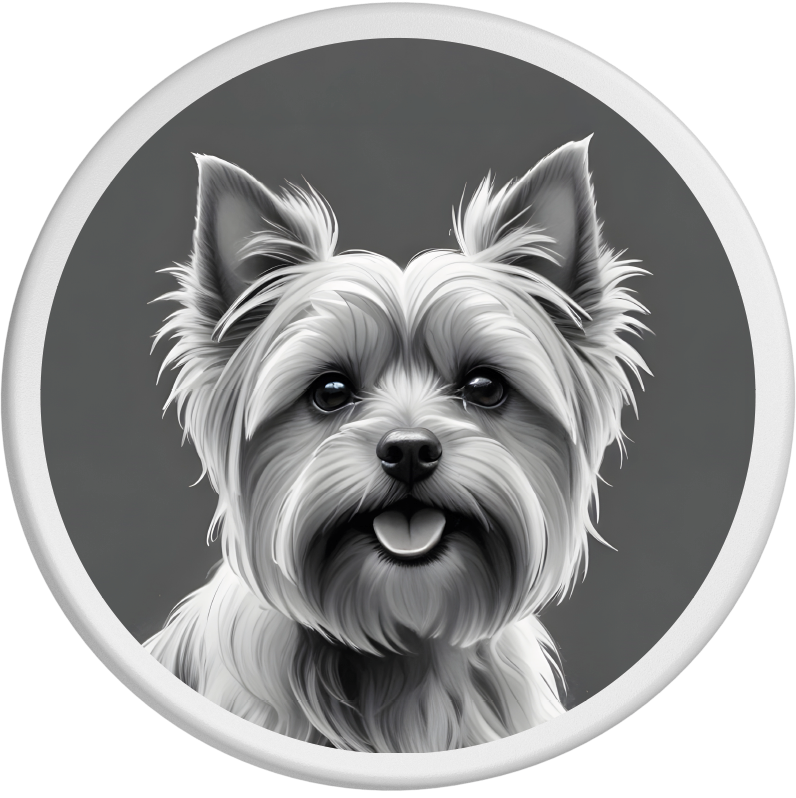 Schwarz-Weiß-Fotografie eines Yorkshire Terriers.