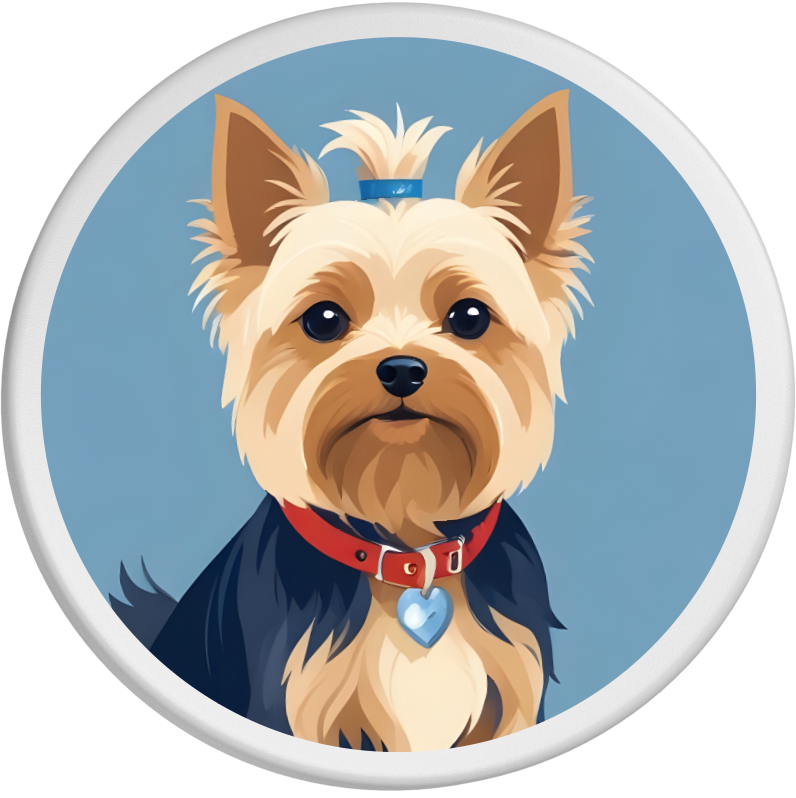 Das Bild zeigt einen niedlichen Yorkshire Terrier mit seidigem Fell, blauer Schleife und rotem Halsband mit Herzanhänger. Der aufmerksame Blick des Hundes in die Kamera und der blaue Hintergrund unterstreichen den Charme und die Eleganz des Hundes.