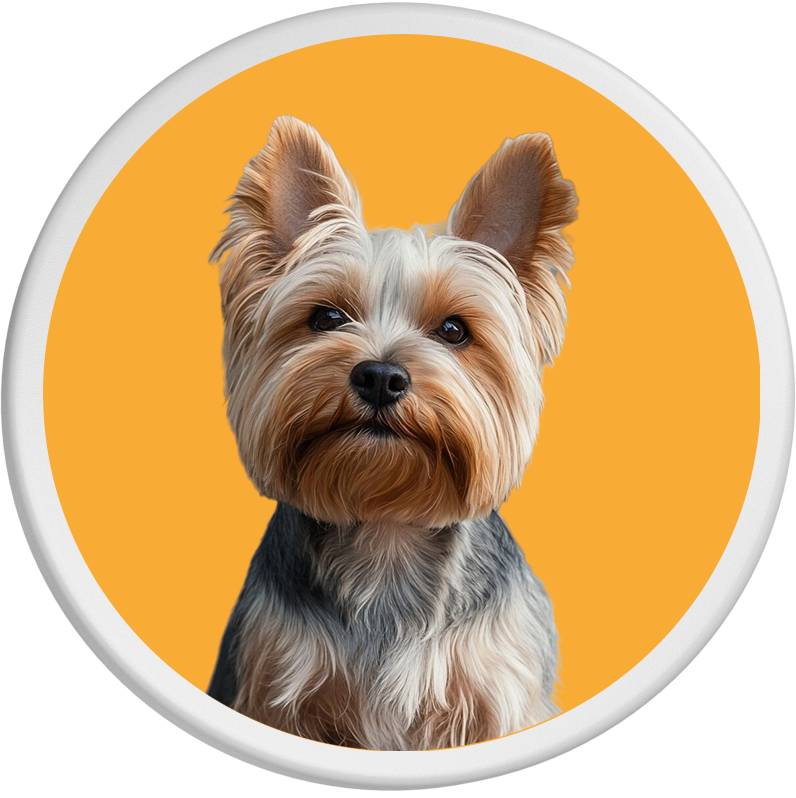 Aufmerksam blickender Yorkshire Terrier vor orangefarbenem Hintergrund.