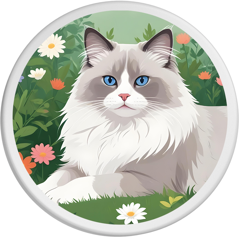 Auf einer grünen Wiese liegt eine majestätische Ragdoll-Katze mit strahlend blauen Augen. Von den bunten Blumen im Hintergrund hebt sich ihr flauschiges weißes Fell mit den grauen Abzeichen an Ohren und Gesicht elegant ab. Mit Blumen in verschiedenen Farben, die die Szene beleben, wirkt die Umgebung friedlich und sommerlich. Die Katze ist direkt in die Kamera gerichtet, was ihr einen ruhigen und zugleich wachsamen Ausdruck verleiht.