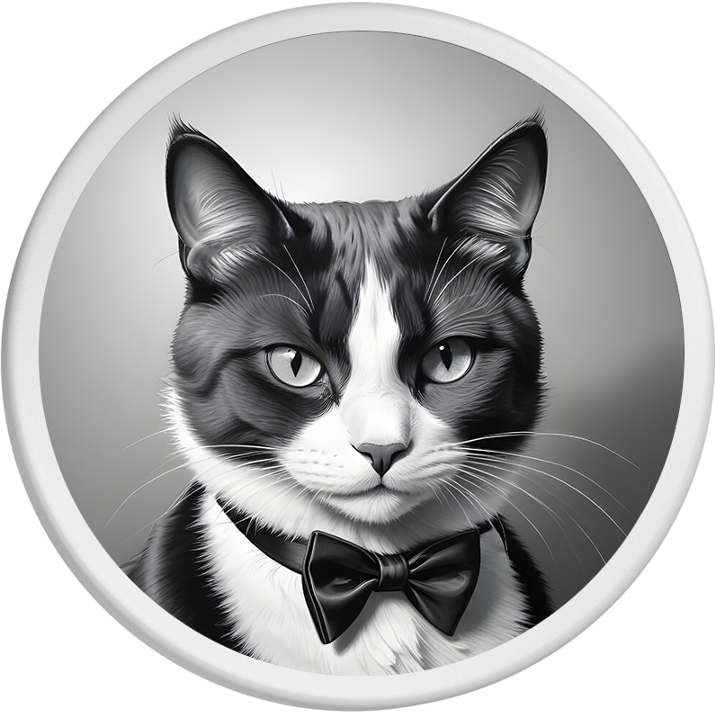 Schwarzweiß-Illustration einer eleganten Tuxedo-Katze mit markanten schwarz-weißen Fellmustern. Die Katze wirkt edel und formell, da sie eine elegante Fliege um den Hals trägt. Die Augen sind aufmerksam und klar, das Fell ist detailliert und weich gezeichnet. Der Hintergrund ist schlicht gehalten, um die Katze in den Mittelpunkt zu stellen.