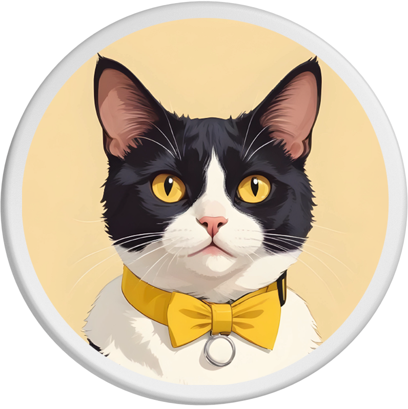 Darstellung einer Tuxedo-Katze mit charakteristischem schwarz-weißem Fell. Die gelben Augen strahlen Aufmerksamkeit aus, während eine gelbe Fliege der Katze einen Hauch von Eleganz und Verspieltheit verleiht. Der beigefarbene Hintergrund ergänzt die warmen Töne des Bildes und lenkt den Blick auf das Gesicht der Katze.